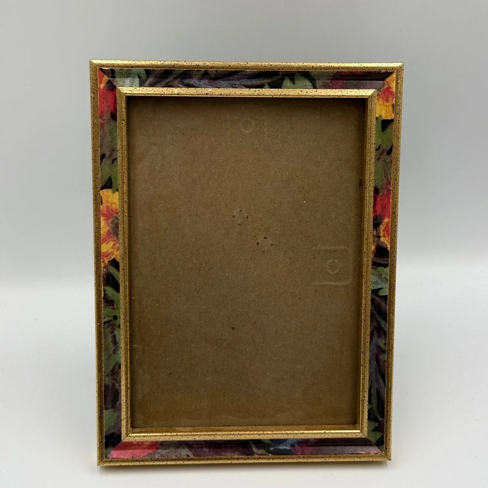 Vintage Floral‎ Gold Tone Speckled 5x7 Tabletop Picture Frame Botanical Decor